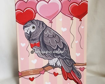 African Grey Parrot Heart Balloons Greeting Card