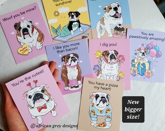 English Bulldog Valentines - New Bigger Size - Eco-friendly Set of 8 - 3.5 x 4.25 Inches - Printed on Recycled Linen Paper
