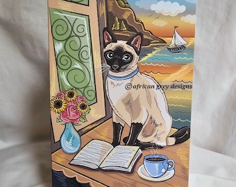 Seaside Sunset Siamese Cat Greeting Card