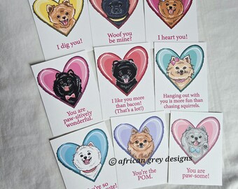 Pomeranian Heart Valentines - Mini Eco-friendly Set of 9 - 2.5 x 3.25 Inches - Printed on Recycled Linen Paper