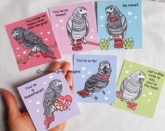 African Grey Parrot Valentines - Mini Eco-friendly Set of 6 - Printed on Recycled Linen Paper