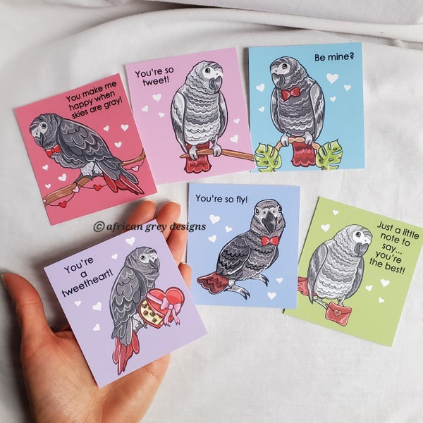 African Grey Parrot Valentines - Mini Eco-friendly Set of 6 - Printed on Recycled Linen Paper