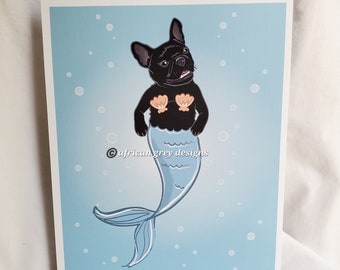 French Bulldog Mermaid - Eco-Friendly 8x10 Print on Recycled Linen Paper