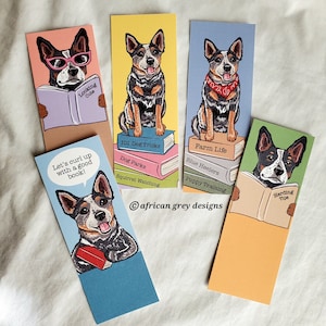 Bookworm Blue Heeler Bookmarks -  Eco-friendly Set of 5 on Recycled Linen Paper