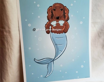 Mermaid Dachshund - Long-haired - Eco-Friendly 8x10 Print on Recycled Linen Paper