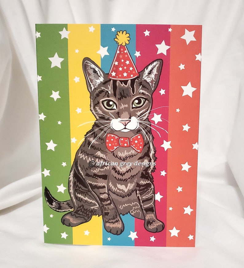 Tabby Cat Birthday Greeting Card - Rainbow Background - Etsy