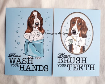 Basset Hound Bathroom Prints - 5x7 Eco-friendly Pair - Printed on Recycled Linen Paper