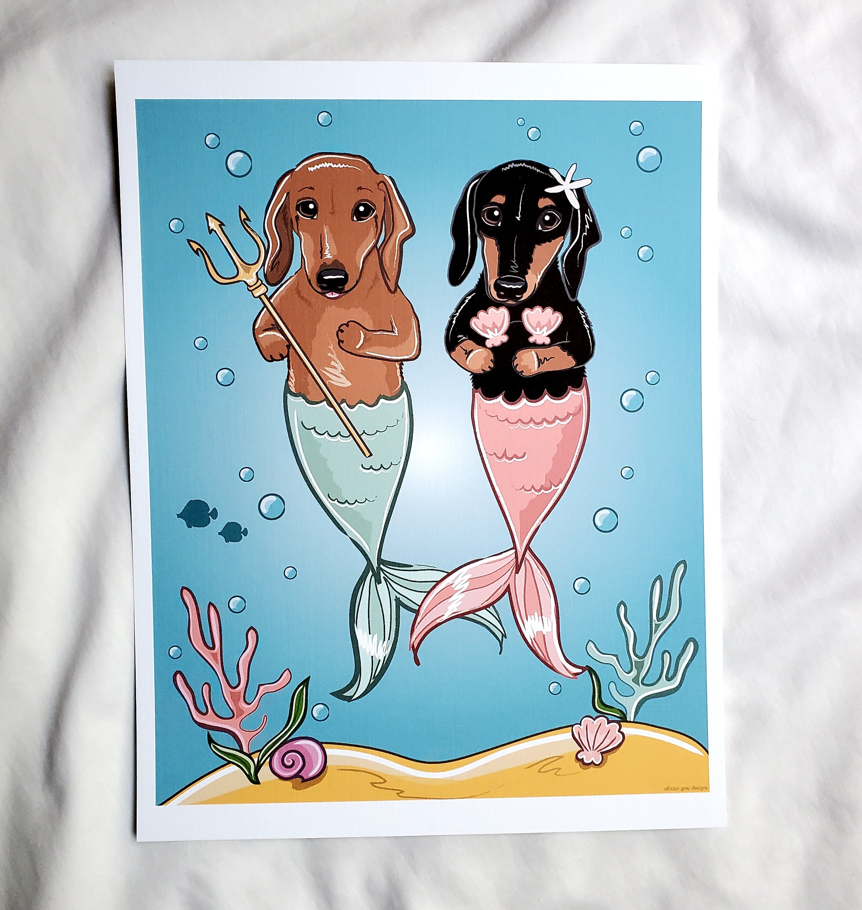 Mermaid Dachshunds - 8x10 Eco-friendly Print on Linen Paper