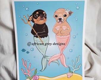 Chihuahua Mermaids - 8x10 Eco-friendly Print on Linen Paper - Choose Long or Shorthaired