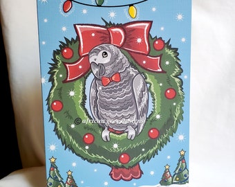 African Grey Parrot Christmas Wreath Greeting Card