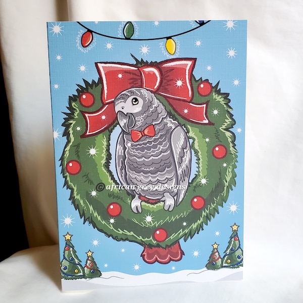 African Grey Parrot Christmas Wreath Greeting Card