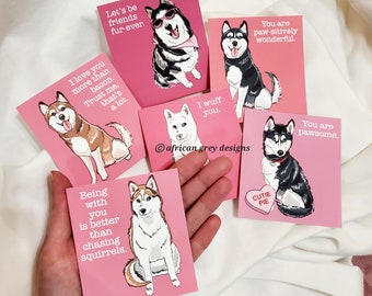 Husky Valentines - Mini Eco-friendly Set of 6 Printed on Recycled Linen Paper
