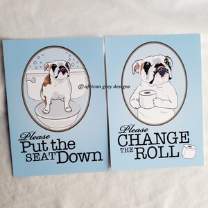 English Bulldog Bathroom Prints - 5x7 Eco-friendly Pair - Choose Your Background Color