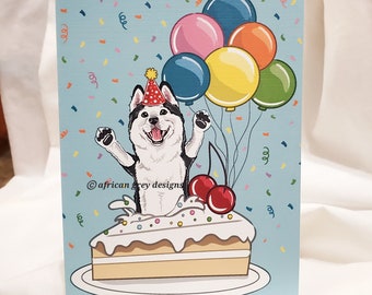 Husky 'n Birthday Cake Greeting Card