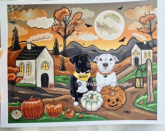 Halloween Pit Bulls in Fall Scenery - Eco-Friendly 8x10 Print on Linen Paper
