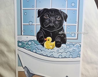 Bathtub Black Pug - Eco-Friendly 8x10 Print on Linen Paper