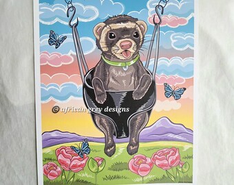 Swinging Ferret Print - Eco-Friendly 8x10 Print on Recycled Linen Paper