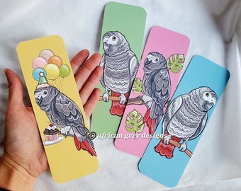 Large African Grey Parrot Bookmarks - Eco-friendly Set of 4 - Printed on Recycled Linen Paper