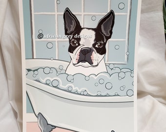 Bathtub Boston Terrier - Eco-Friendly 8x10 Print on Linen Paper