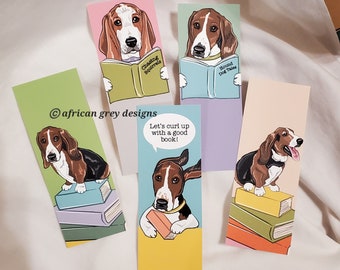 Bookworm Basset Hound Bookmarks - Eco-friendly Set of 5 on Recycled Linen Paper