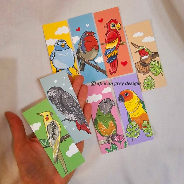 Mini Bird Bookmarks - Eco-friendly Set of 8 - Printed on Recycled Linen Paper