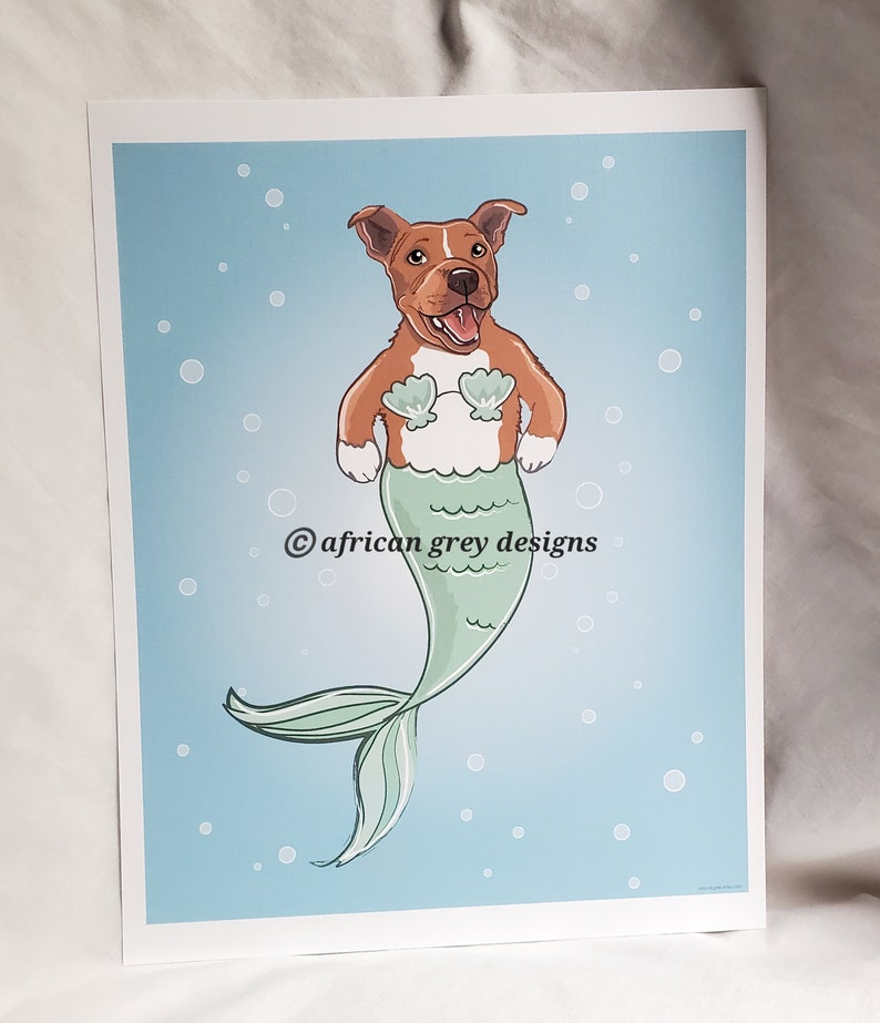 Mermaid Pit Bull Red Eco-Friendly 8x10 Print image 2