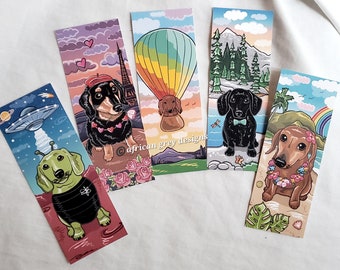 Traveling Dachshund Bookmarks - Eco-friendly Set of 5 Printed on Recycled Linen Paper