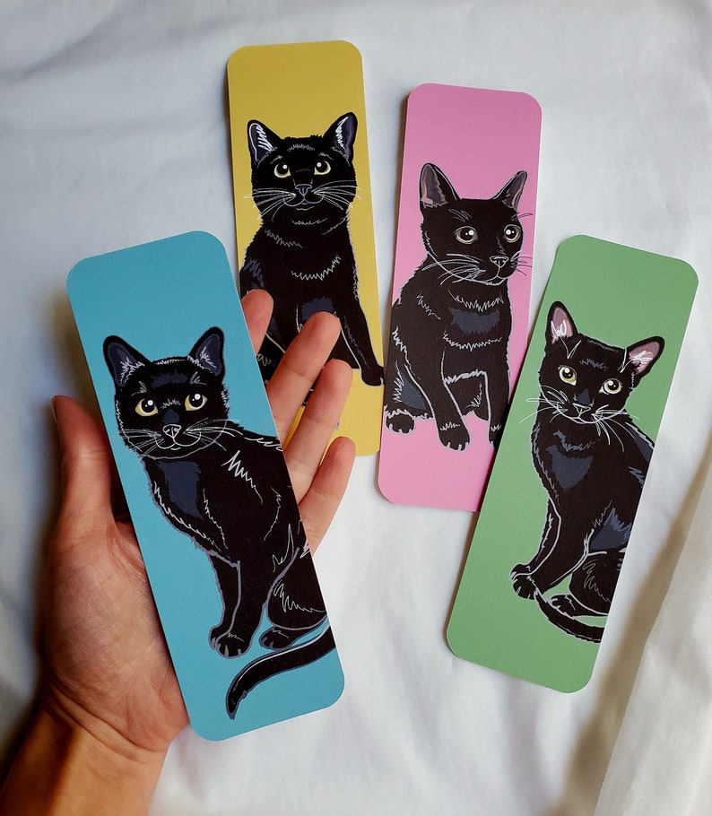 Large Black Cat Bookmarks - Eco-friendly Set of 4 - Printed on Recycled Linen Paper