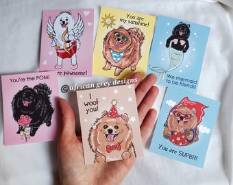 Pomeranian Valentine Cards - Candy Colors - Mini Eco-friendly Set of 6 on Recycled Linen Paper