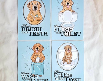 Golden Retriever Bathroom Prints - 5x7 Set of 4 printed on Recycled Linen Paper