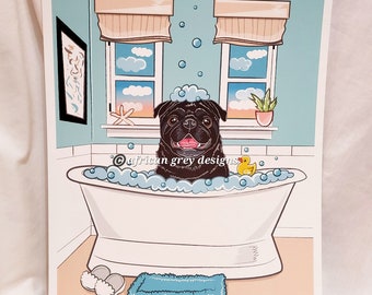 Seaside Bath Black Pug - Eco-Friendly 8x10 Print on Recycled Linen Paper