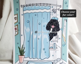 Shower Time Cocker Spaniel - Eco-Friendly 8x10 Print on Linen Paper - Choose Your Fur Color