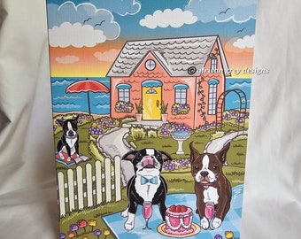 Beach Cottage Boston Terrier Greeting Card