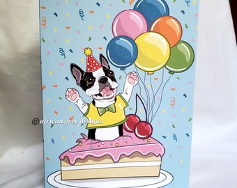 Boston Terrier 'n Birthday Cake Greeting Card