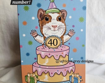 Custom Birthday Cake Guinea Pig Greeting Card - Customize with Your Age Number