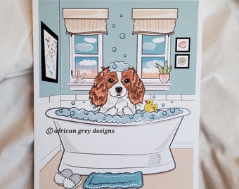 Seaside Bath Cavalier King Charles Spaniel - Eco-Friendly 8x10 Print on Recycled Linen Paper