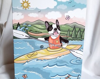 May include: A cartoon illustration of a Boston Terrier dog wearing a life vest and paddling a yellow kayak on a blue lake. The dog is smiling and has a black and white coat. The background features a sunny sky, green hills, and trees.