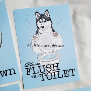 May include: A blue and white bathroom sign with a cartoon husky dog sitting on a toilet. The sign says "Please Flush The Toilet" with a copyright symbol and the text "african grey designs".