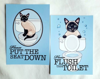 Siamese Cat Bathroom Prints - Put the Seat Down and Flush - 5x7 Eco-friendly Pair