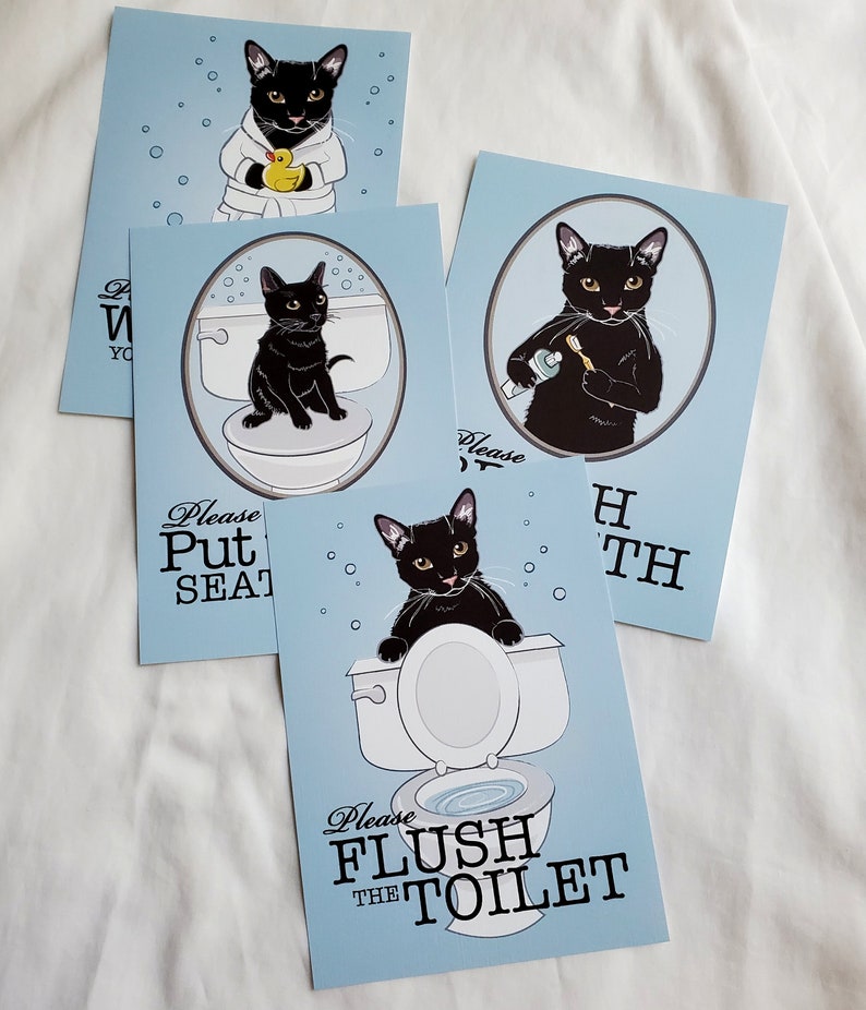5x7 Set of 4 Black Cat Bathroom Prints