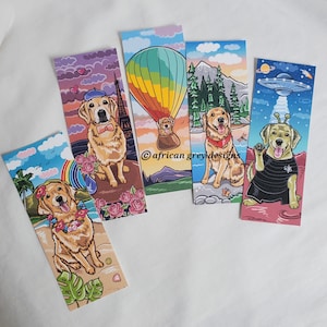 Traveling Golden Retrievers - Bookmarks - Eco-friendly Set of 5 Printed on Recycled Linen Paper