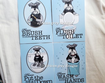 Schnauzer Bathroom Prints - 5x7 Set of 4 printed on Recycled Linen Paper
