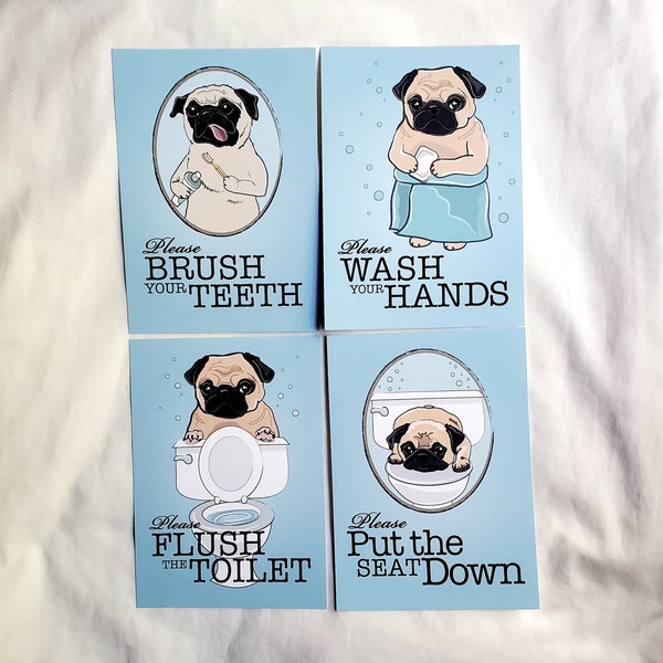 Fawn Pug Bathroom Prints - 5x7 Eco-friendly Set of 4