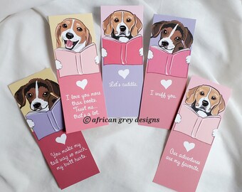 Love Beagle Bookmarks - Eco-friendly Set of 5 Printed on Recycled Linen Paper