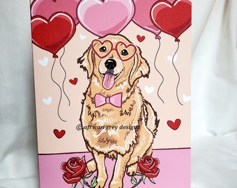Golden Retriever with Heart Balloons Greeting Card