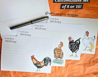 Chicken Stationery Set of 8 or 16 Notecards - Customizable - Linen Envelopes Included