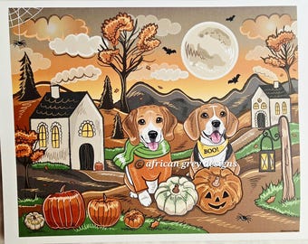 Halloween Beagles in Fall Scenery - Eco-Friendly 8x10 Print on Linen Paper