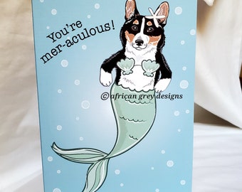 Tricolor Mermaid Corgi Greeting Card - Choose Your Fur Color