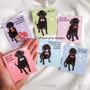 May include: Set of ten Valentine's Day cards featuring black Labrador Retriever illustrations with different messages, including "You are paw-sitively wonderful", "I dig you", "You are paw-some", "Let's be friends fur-ever", "Being with you is better than chasing squirrels", and "Woof you be mine?"