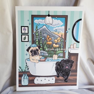 Mountain Bathroom Pugs Eco-Friendly 8x10 Print on Recycled Linen Paper image 1